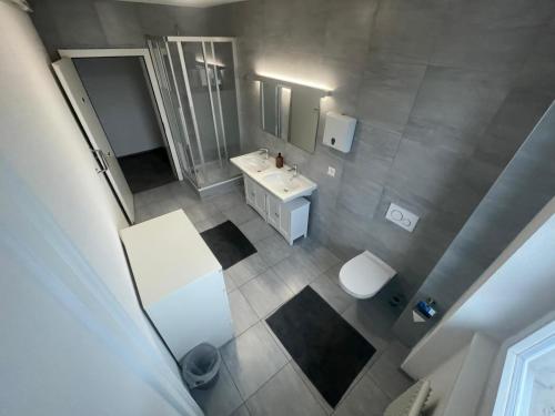 een eigen badkamer met een wastafel en een toilet bij The 5 continents III - Premium appartment by Stay Swiss in Porrentruy