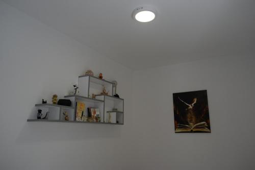 a shelf on the wall with books and a picture at Apartmani K&V in Veliko Gradište
