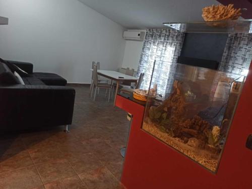 - un salon avec un bassin à poissons sur un comptoir dans l'établissement Open house, à Campofelice di Roccella