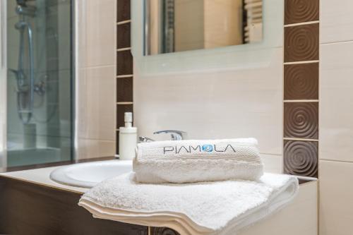 a bathroom with a sink and a towel on a counter at Apartamenty PIAMOLA Omega in Kąty Rybackie