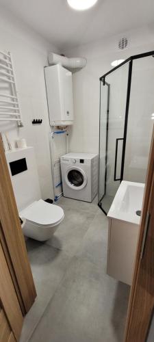ein Badezimmer mit Toilette und Waschmaschine in der Unterkunft Apartament Diamentowy No. 12 in Darłówko