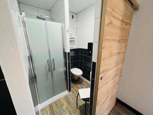 La salle de bains est pourvue d'une douche en verre et de toilettes. dans l'établissement Logis Hôtel Le Relais Des Remparts, à Allanche