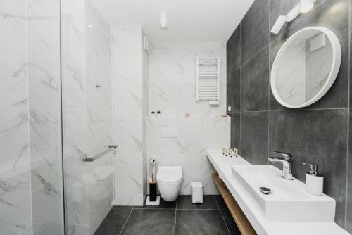 a bathroom with a sink and a toilet and a mirror at apartament Czorsztyn WIDOK - pierwsza linia brzegowa - 3 piętro - widok na jezioro - in Kluszkowce