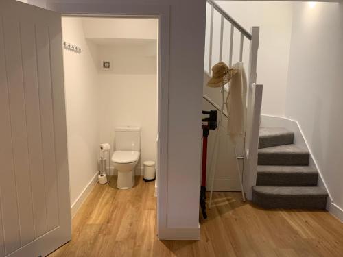 a bathroom with a toilet and a stairway with a stair at Lilypad A central location to explore the New Forest & South Coast in Ringwood