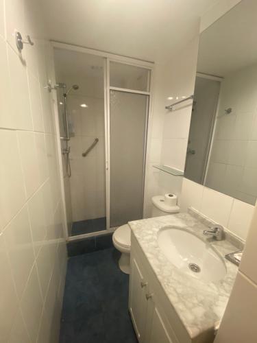 a bathroom with a sink and a toilet and a shower at Intimo Hotel Miraflores in Santiago