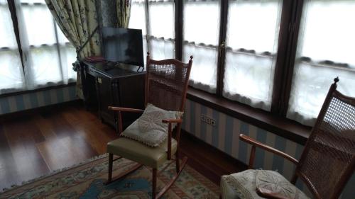 Villamayor的住宿－Hotel Palacete Real，客厅配有两把椅子和电视