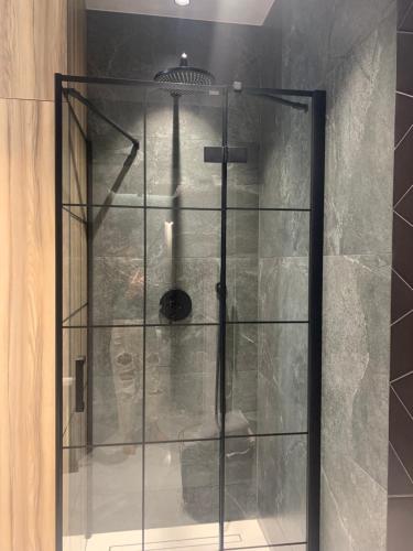 a shower with a glass door in a bathroom at Luxury Apartament Wyszyńskiego in Radom