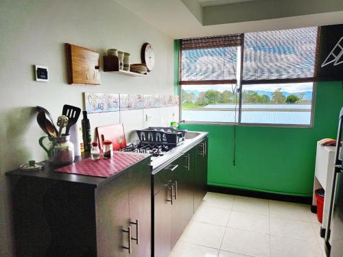 a kitchen with a stove and a green wall at ApartHotel Nathalie B207 a 7min Parque del Café in Montenegro