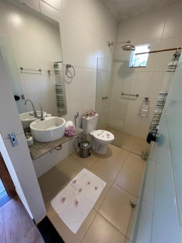 a bathroom with a shower and a toilet and a sink at Recanto dos manacas in Pirenópolis