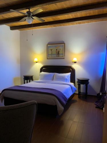 a bedroom with a large bed with a ceiling fan at Petra Nova Villas in Mochlos