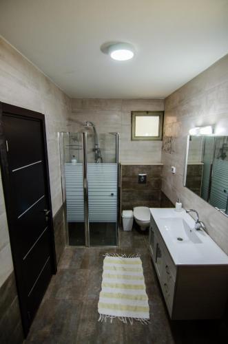 a bathroom with a sink and a shower and a toilet at שירת דבורה - אירוח משפחתי כפרי in H̱ever