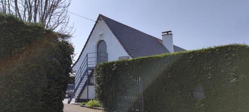 a small church with a steeple behind a hedge at The Cosy Hill in Poperinge