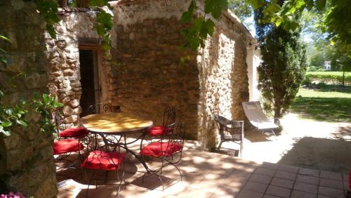 a patio with a table and chairs in a stone building at La Bastide du Capelier - Chambres d'hôtes avec baignoire balnéothérapie - 3 étoiles in Salernes