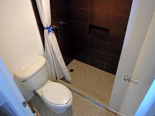 a bathroom with a toilet and a shower stall at Calinda Beach Acapulco in Acapulco