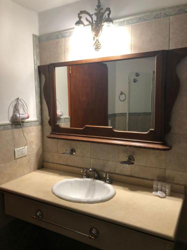 a bathroom sink with a large mirror above it at Panacea Hotel in Villa General Belgrano