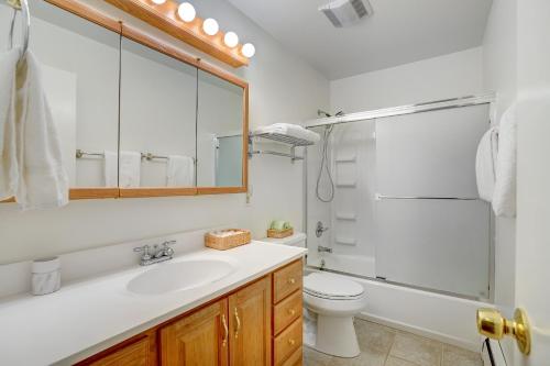 a bathroom with a sink and a toilet and a shower at Fall River Casita in Estes Park