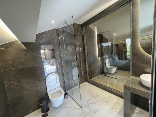 a bathroom with a shower and a toilet and a sink at V luxury Suites in Pefkohori