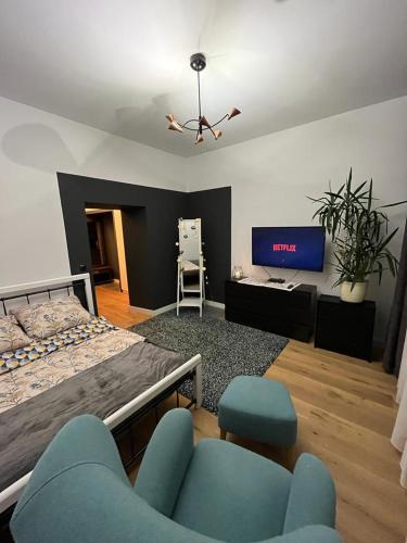 a living room with a bed and a tv at Przytulny Apartament w Centrum in Częstochowa