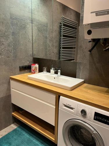 uma casa de banho com um lavatório e uma máquina de lavar roupa em Przytulny Apartament w Centrum em Czestochowa