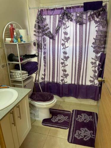 a bathroom with a purple shower curtain and a toilet at Peaceful 1-bedroom 1bath, WIFI, Air Conditioning in Montego Bay