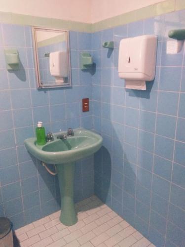 a bathroom with a green sink and a mirror at Gramado Guest House in Gramado