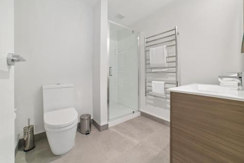 a bathroom with a toilet and a sink and a shower at Toru Executive Apartment in Queenstown