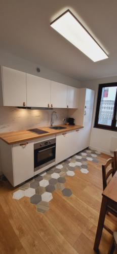 une cuisine avec un évier et une cuisinière four supérieur dans l'établissement Appartement T1 bis 35m2 ANNECY proche centre ville, à Annecy