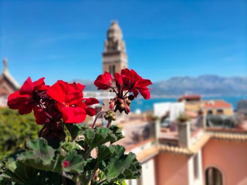 a red flower in front of a building with a tower at Ondina Blu Gaeta in Gaeta