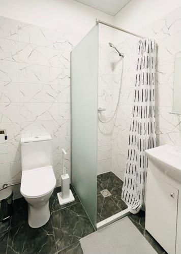 a bathroom with a toilet and a shower at Green apartments Easy Kaunas in Kaunas