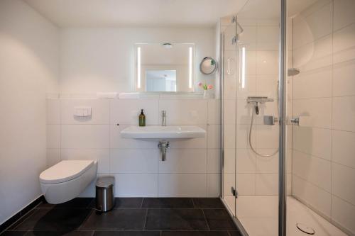 uma casa de banho com um lavatório, um WC e um chuveiro em Haus Lütt Schick Apartment Leenke em Büsum