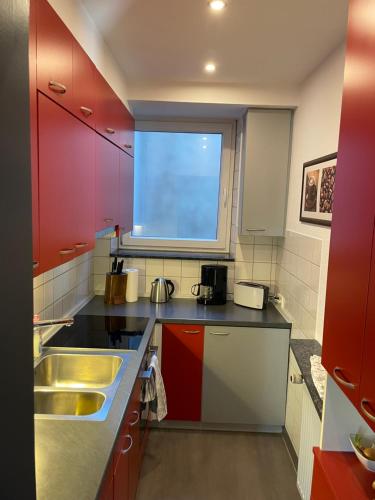 a kitchen with red and white cabinets and a sink at Gartenapartment mit Ausblick stadtnah in Bad Mergentheim