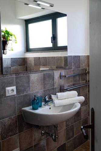 a bathroom sink with a mirror and a window at Suite le Scuderie a "le Moline" vita in fattoria in Vetralla