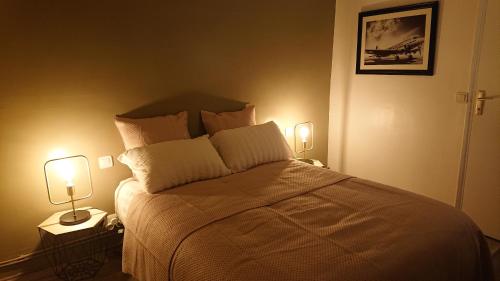 a bedroom with a large bed with two lamps at Nuits au Grenier de Chartres in Chartres