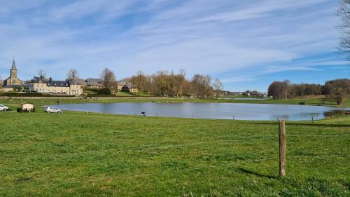 a fence in a field with a lake at HOTEL L'AVENUE in Libramont