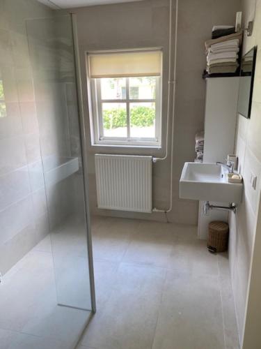 a bathroom with a shower and a sink and a window at B&B Logeren bij van Heeren in Made