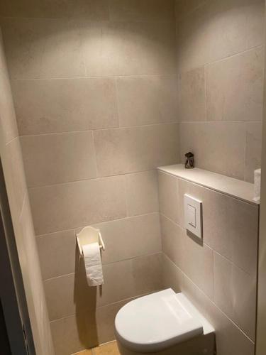 a bathroom with a toilet and a toilet paper dispenser at B&B Logeren bij van Heeren in Made