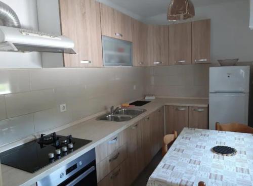 a kitchen with a sink and a refrigerator at Apartman Juresic in Rab