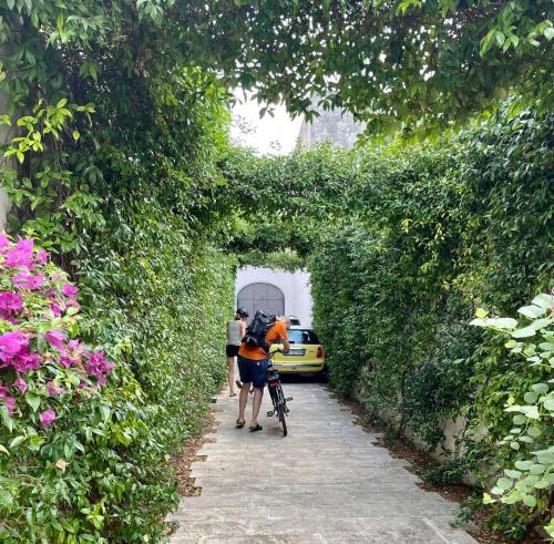 a person walking a bike down a path at Bartago Luxury House in Ostuni