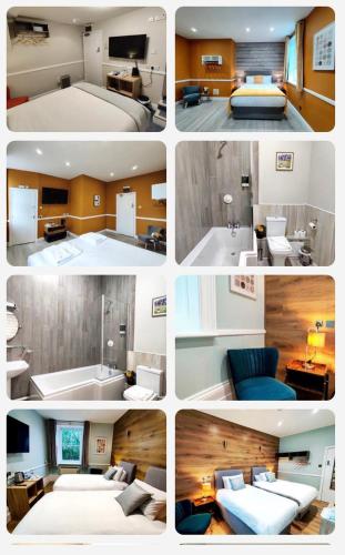 a collage of photos of a hotel room at The Swan Hotel in Hythe