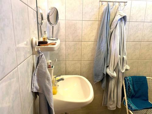 y baño con lavabo y espejo. en Harcsáztat-Lak, en Tiszaderzs