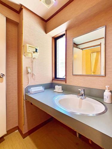 a bathroom with a sink and a mirror at Honjin in Izunokuni