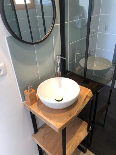 a bathroom with a white sink and a mirror at Le Cabanon in Collobrières