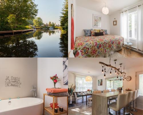 un collage de fotos con un dormitorio y una cama en Cozy Chalet by lake & Nature en Saint-Raymond
