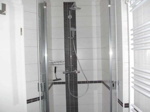 a shower with a glass door in a bathroom at Ferienwohnung Hinz in Neu Lüdershagen