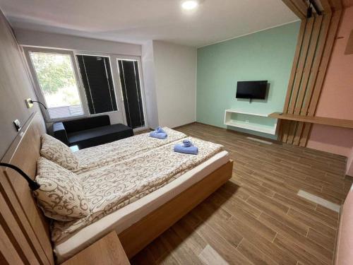 a small room with a bed and a television at Siesta Srebrno Jezero in Veliko Gradište