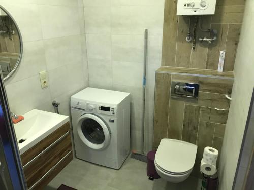 a small bathroom with a washing machine and a toilet at Miodunka1 in Dubicze Osoczne