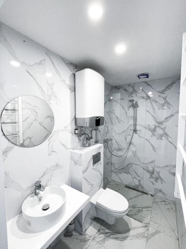 a bathroom with a sink toilet and a mirror at Willa Azul - Podgrzewany basen, klimatyzacja w całym obiekcie in Sarbinowo