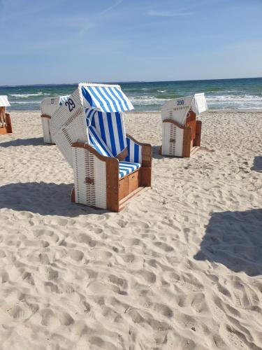 a row of beach chairs and umbrellas on the beach at Ostseeblick Apartment in Scharbeutz
