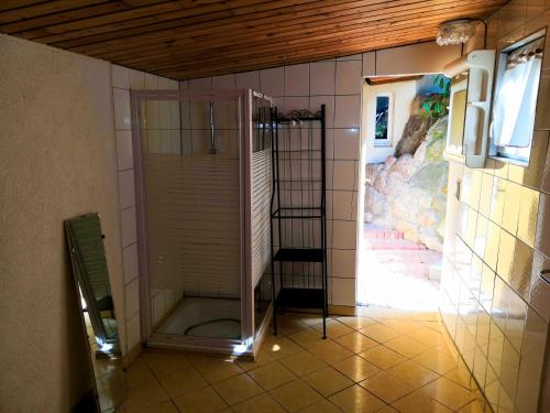 a shower with a glass door in a bathroom at Ferienzimmer Krähennest in Bansin