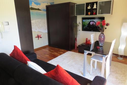a living room with a black couch and red pillows at Estúdio de luxo em condomínio privado com piscina in Cais Novo